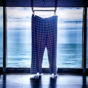 Susan Graver pants, size LP, navy and white windowpane, polyester, has pockets